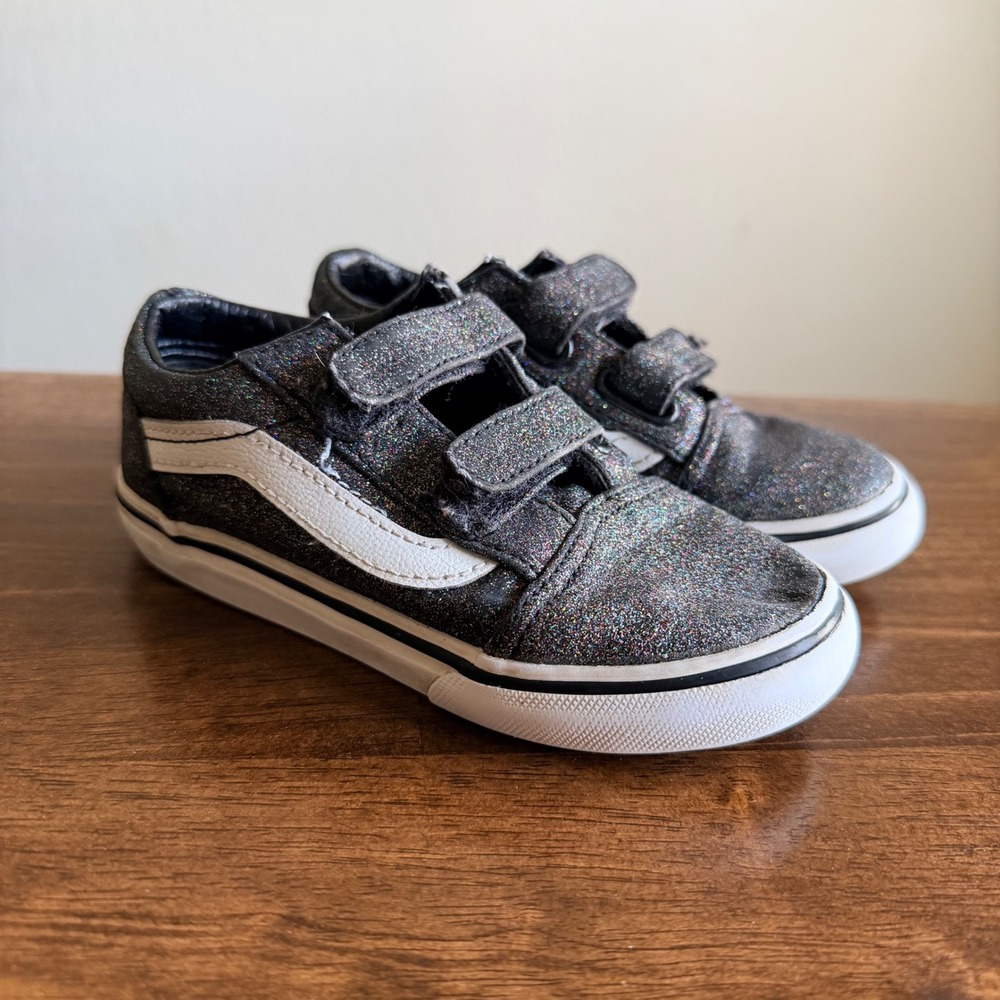 Vans Old Skool V Black Glitter Kids Shoes Low Top Skate Sneakers Hook and Loop